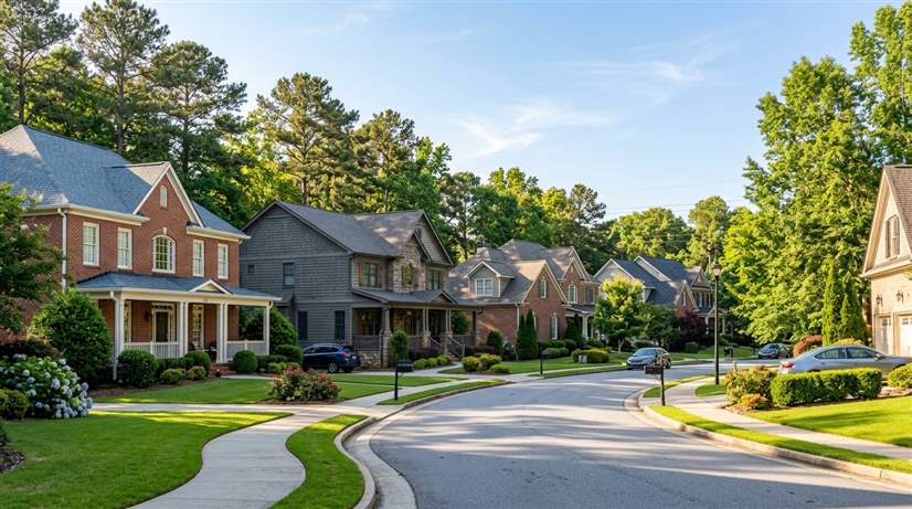 Suburban residential street lined with two-story brick homes and green lawns under a blue sky