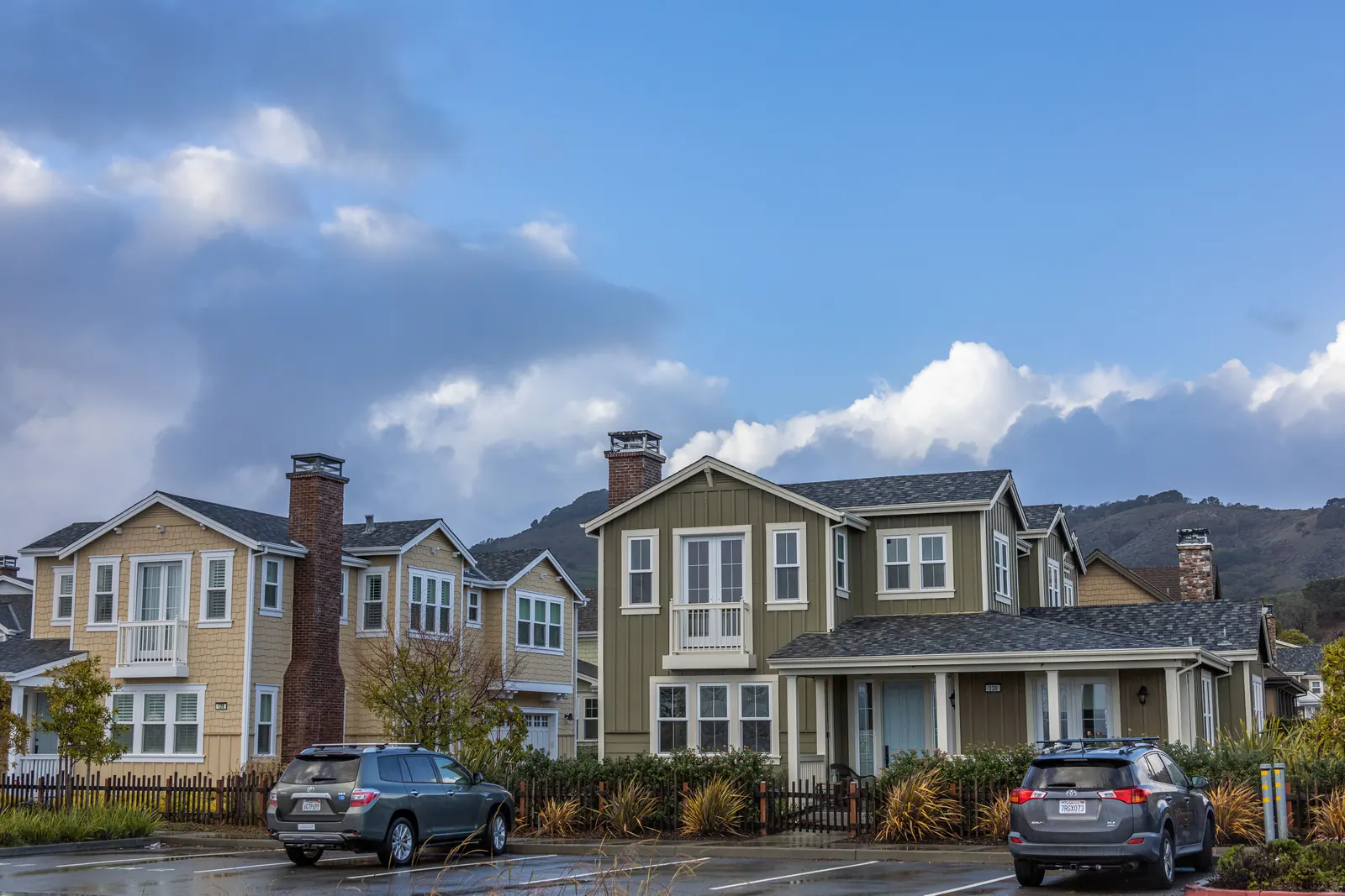 Suburban residential neighborhood street with single family homes