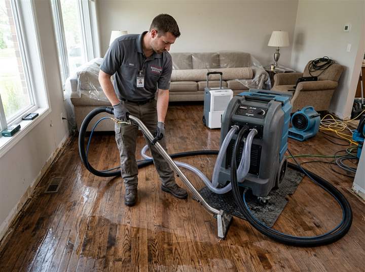 Technician operating a extraction wand on wet wood flooring with portable extraction unit nearby